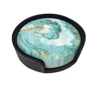 WKSGDSG Leather Coasters Set Of 6, Heat-Resistant Pu Leather Drink Coasters, Non-Slip Beverage Pads For Table Desk, Teal And Gold Marble, Round Coaster Set For Home Office Dining, With Storage Box