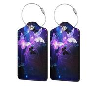 WKSGDSG Leather Luggage Tags 2 Pack, White Purple Butterflies Suitcase Label with Stainless Steel Rings, Waterproof Scratch-Resistant Travel Id Tags for Suitcases, 11.6x7.3 Cm