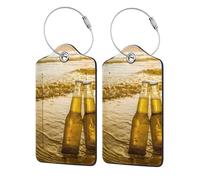 WKSGDSG Luggage Tags for Suitcases, with Privacy Cover, Bottles Beer Beach Sunset, Durable Pu Leather Id Tag Luggage Identifier for Travel, Cruise, TSA Approved, Personalized Funny Baggage Labels