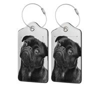 WKSGDSG Luggage Tags for Suitcases, with Privacy Cover, Cute Black Pug Dog, Durable Pu Leather Id Tag Luggage Identifier for Travel, Cruise, TSA Approved, Personalized Funny Baggage Labels, 1 PCS