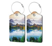 WKSGDSG Luggage Tags For Suitcases, With Privacy Cover, Mountain View Sunny Day Nature, Durable Pu Leather Id Tag Luggage Identifier For Travel, Cruise, Tsa Approved, Personalized Funny Baggage Labels