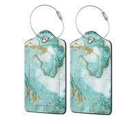WKSGDSG Luggage Tags for Suitcases, with Privacy Cover, Teal and Gold Marble, Durable Pu Leather Id Tag Luggage Identifier for Travel, Cruise, TSA Approved, Personalized Funny Baggage Labels, 1 PCS