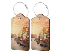 WKSGDSG Luggage Tags for Suitcases, with Privacy Cover, Venice Canal View, Durable Pu Leather Id Tag Luggage Identifier for Travel, Cruise, TSA Approved, Personalized Funny Baggage Labels