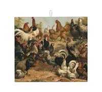 WKSGDSG Microfiber Dish Drying Mat for Kitchen Counter 16x18 Inch/41x46 Cm Chicken Rooster Dish Drainer Mat with Hanging Loop Absorbent Reversible Washable Foldable Dish Rack Pad for Countertop