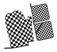 WKSGDSG Oven Mitts And Pot Holders Sets, Black White Checkered Kitchen Oven Gloves 4 Pack, 3-Layer Heat Resistant Oven Mitts Sets And Hot Pads, Soft Waterproof Hand Mitts For Cooking And Baking