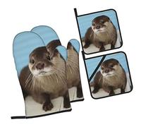 WKSGDSG Oven Mitts And Pot Holders Sets, Cute Otter Kitchen Oven Gloves 4 Pack, 3-Layer Heat Resistant Oven Mitts Sets And Hot Pads, Soft Waterproof Hand Mitts For Cooking And Baking