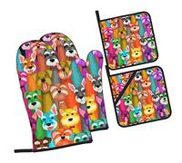 WKSGDSG Oven Mitts And Pot Holders Sets, Oil Cute Schnauzer Dogs Kitchen Oven Gloves 4 Pack, 3-Layer Heat Resistant Oven Mitts Sets And Hot Pads, Soft Waterproof Hand Mitts For Cooking And Baking