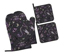 WKSGDSG Oven Mitts And Pot Holders Sets, Purple Black Goth Spooky Kitchen Oven Gloves 4 Pack, 3-Layer Heat Resistant Oven Mitts Sets And Hot Pads, Soft Waterproof Hand Mitts For Cooking And Baking