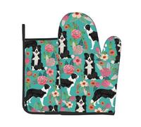 WKSGDSG Oven Mitts Set Of 2, Insulated Kitchen Glove & Hot Pad, Border Collie Florals Kitchen Gloves Hot Pads, Heat Resistant Oven Mitts Set With Pot Holder, Chef Cooking Baking Gifts For Women Bakers