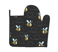 WKSGDSG Oven Mitts Set Of 2, Insulated Kitchen Glove & Hot Pad, Bumble Bees Kitchen Gloves Hot Pads, Heat Resistant Oven Mitts Set With Pot Holder, Chef Cooking Baking Gifts For Women Bakers