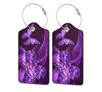 WKSGDSG Personalised Leather Luggage Tags with Stainless Steel Ring, Purple Butterfly Suitcase Tags for Travel, Waterproof Pu Leather Luggage Labels for Suitcases with Privacy Protection