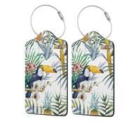 WKSGDSG Personalized Luggage Tags for Suitcases, 4-Pack Waterproof Leather Luggage Identifier with Privacy Cover, Tropical Leaves Bird, Soft Bendable RFID Blocking Suitcase Id Tag for Travel, 4 PCS