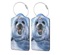 WKSGDSG Personalized Luggage Tags for Suitcases, 4-Pack Waterproof Leather Luggage Identifier with Privacy Cover, Harp Seal, Soft Bendable RFID Blocking Suitcase Id Tag for Travel, 4 PCS