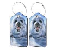 WKSGDSG Personalized Luggage Tags for Suitcases, 4-Pack Waterproof Leather Luggage Identifier with Privacy Cover, Harp Seal, Soft Bendable RFID Blocking Suitcase Id Tag for Travel