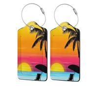 WKSGDSG Personalized Luggage Tags for Suitcases, 4-Pack Waterproof Leather Luggage Identifier with Privacy Cover, Sunset Palm Tree, Soft Bendable RFID Blocking Suitcase Id Tag for Travel, 4 PCS