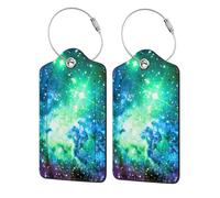 WKSGDSG Personalized Luggage Tags for Suitcases, 4-Pack Waterproof Leather Luggage Identifier with Privacy Cover, Green Blue Purple Galaxy, Soft Bendable RFID Blocking Suitcase Id Tag for Travel