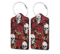 WKSGDSG Personalized Luggage Tags for Suitcases, 4-Pack Waterproof Leather Luggage Identifier with Privacy Cover, Rose Skull, Soft Bendable RFID Blocking Suitcase Id Tag for Travel, 4 PCS