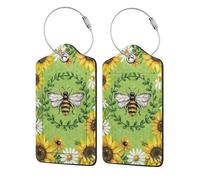 WKSGDSG Personalized Luggage Tags for Suitcases, 4-Pack Waterproof Leather Luggage Identifier with Privacy Cover, Bee & Sunflowers, Soft Bendable RFID Blocking Suitcase Id Tag for Travel