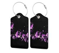WKSGDSG Personalized Luggage Tags for Suitcases, 4-Pack Waterproof Leather Luggage Identifier with Privacy Cover, Butterfly Purple, Soft Bendable RFID Blocking Suitcase Id Tag for Travel, 4 PCS