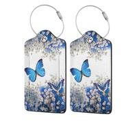 WKSGDSG Personalized Luggage Tags For Suitcases, 4-Pack Waterproof Leather Luggage Identifier With Privacy Cover, Blue Butterflies White Flowers, Soft Bendable Rfid Blocking Suitcase Id Tag For Travel