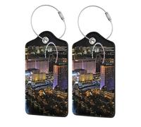 WKSGDSG Personalized Luggage Tags for Suitcases, 4-Pack Waterproof Leather Luggage Identifier with Privacy Cover, Las Vegas Night View, Soft Bendable RFID Blocking Suitcase Id Tag for Travel