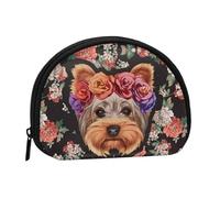 WKSGDSG Small Coin Purse with Zipper, Yorkie Dog Floral Mini Wallet Coin Pouch, Portable Change Purse for Women Girls, Fashion Ladies Canvas Coin Bag with Keychain Credit Card Id Storage Bag