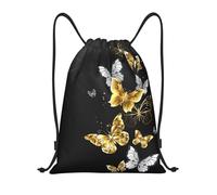 WKSGDSG Waterproof Gym Drawstring Bags Gold White Butterflies Black Drawstring Backpack For Men Women Lightweight Portable String Sack Bags Outdoor Drawstring Bags For Sports Travel Shopping Kids Yoga