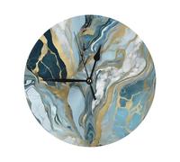 WKSZCYHLKL Round Clock Wall Clock 25 Cm Azurite Teal And Foil Gold Oil Marble Printing Wall Clocks For Living Room, Kitchen, Bathroom, Bedroom Decor, Non-Ticking Wall Clocks Battery Operated