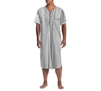 WKZSXXMJ Men's Button Down Striped Nightshirt V-neck Sleep Shirt Short Sleeve Side Split Kaftan Thobe with Pockets(M) Gris