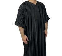 WKZSXXMJ Muslim Thobe for Mens V-Neck Short Sleeve Striped Robe Middle East Saudi Arab Kaftan Islamic Abaya Dress(Black,L)