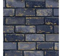 WL-692200 3D Effect Navy Blue & Gold Metallic Brick Wallpaper - Industrial Arthouse Stone Look