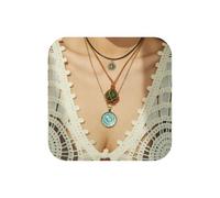 Wlahm 3Pcs Leather Chain Nature Stone Pendant Necklace for Women,Vintage National Style Statement Stackable Pendant Necklace Boho Beach Holiday Jewelry Gifts, L, Metal, No Gemstone