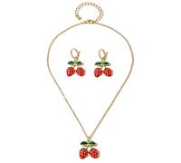 Wlahm Cute Strawberry Jewelry Set for Women,3D Strawberry Pendant Jewelry Accessories,Simulated Strawberry Drop Earrings and Adjustable Pendant Necklaces, L, Metal, No Gemstone