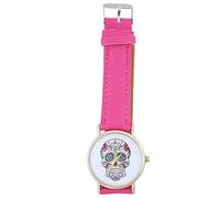 Wlauqueta Punk Analogue Skull and , Quartz Wrist Watch with Red Leather Strap, red pink