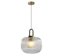 WLBHWL Large Glass Chandelier, 1-Light Industrial Farmhouse Single Head Hanging Lamp, Clear Striped Glass Pendant Light Fixture with Gold Finish for Dining Room Kitchen Sink Hallway Entryway