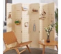 WLCGYD Standing Pegboard Display 6 Panels, Movable Bamboo-wood Partition Peg Board with Removable Peg Hooks & Shelves, Foldable Privacy Screens for Art Shows & Room Separation(A)