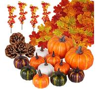Wleozys 120Pcs Artificial Pumpkins Set, Autumn Decoration Set，Autumn Harvest Fake Pumpkins Pine Cones Maple Leaves Orange Berry Assorted Set for Fall Thanksgiving,Wedding,Halloween,Christmas.