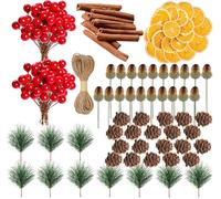 Wleozys 280 Pcs Christmas Wreath Accessories, Artificial Berries Orange Slices Pines Cones Acorn Cinnamon Sticks for Christmas Wreath Craft Party Decor