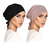 wlertcop 2 Pcs Women hijab undercap, head wraps scarf for sleeping Islamic Muslim Under Cap with Tie Back Closure Solid Color chemo headwear hats Underscarf Turban (Black+Light Khaki), 48