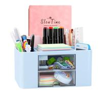 Wlevzzor Creative & Simple Desk Organiser, 7 Grids, Plastic Table Organiser with Drawer, Multifunctional Desk Organiser, Pen Holder for School, Office, Home (Blue)