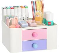 Wlevzzor Creative & Simple Desk Organiser, 7 Grids, Plastic Table Organiser with Drawer, Multifunctional Desk Organiser, Pen Holder for School, Office, Home (Romantic)