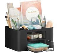 Wlevzzor Creative & Simple Desk Organiser, 7 Grids, Plastic Table Organiser with Drawer, Multifunctional Desk Organiser, Pen Holder for School, Office, Home (Black)