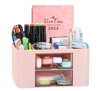 Wlevzzor Creative & Simple Desk Organiser, 7 Grids, Plastic Table Organiser with Drawer, Multifunctional Desk Organiser, Pen Holder for School, Office, Home (Pink)