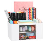 Wlevzzor Creative & Simple Desk Organiser, 7 Grids, Plastic Table Organiser with Drawer, Multifunctional Desk Organiser, Pen Holder for School, Office, Home (White)