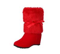 WLH Alexanders Womens Christmas Boots Wedges Heel Mid Calf Boots With Fur Female Faux Suede Bow Winter Boots Side Zipper Snow Boots(Rot,5.5)