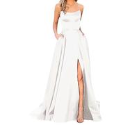 WLHBF Dressing Gowns for Women UK Spaghetti Strap Sleeveless Front Slit Skater Solid Elegant Vintage Maxi Dress High Waist Summer Gown Prom Evening Party Wedding Guest Dress (White, XXL)