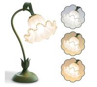 WLHBF Green Flower Lamp for Home,Bedside Vintage Table Lamps for Living Room,LED Reading Light,3 Colours Modes Kawaii Bedside Lamp Decor,with E27 Bulb Nightstand Lights for Office Bedroom