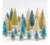 Wlicon 30Pcs Mini Christmas Trees Christmas Decor, Artificial Christmas Trees Bottle Brush Trees with Wooden Base for Christmas Table Decor Christmas Party Home Holiday Winter Craft