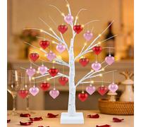 Wlicon 60 CM Valentines Day Lighted Tree Birch Tree with 24 LED Lights Valentines White Birch Trees with 24 PCS Hanging Red Pink Heart Ornaments for Valentine's Day Indoor Party Holiday Decor