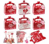 Wlicon Valentine’s Day Gift Treat Boxes, 12 Pcs Valentines Candy Boxes with 48 Pcs Valentine Cellophane Bags Heart Prints Cookies Box with Handles for Romantic Love Wedding Valentine Party Favor Decor